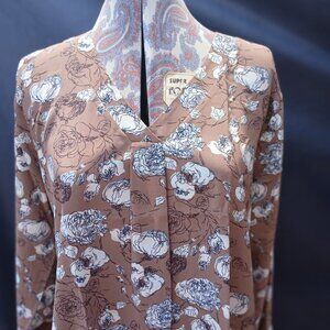 Brown Tan Coffe Flowered Pullover Blouse Top Shirt